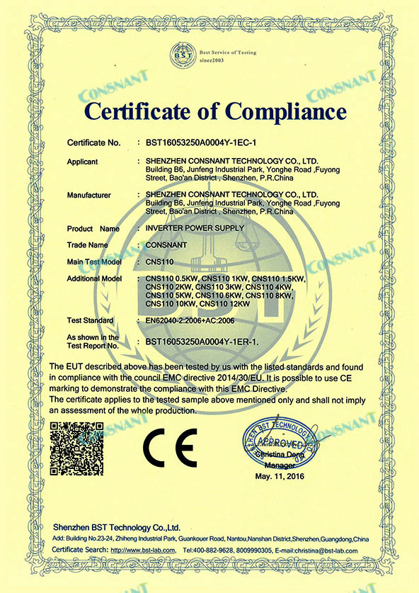 Certificate of Compliance - Solar Inverter CE